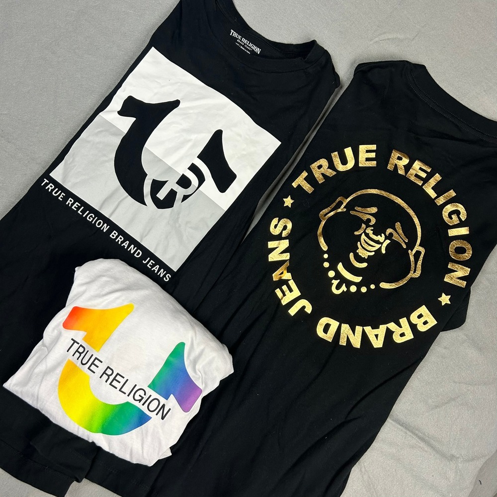 True Religion T-Shirt Lot Graphic Logo Buddha Rainbow Mens Large Black White